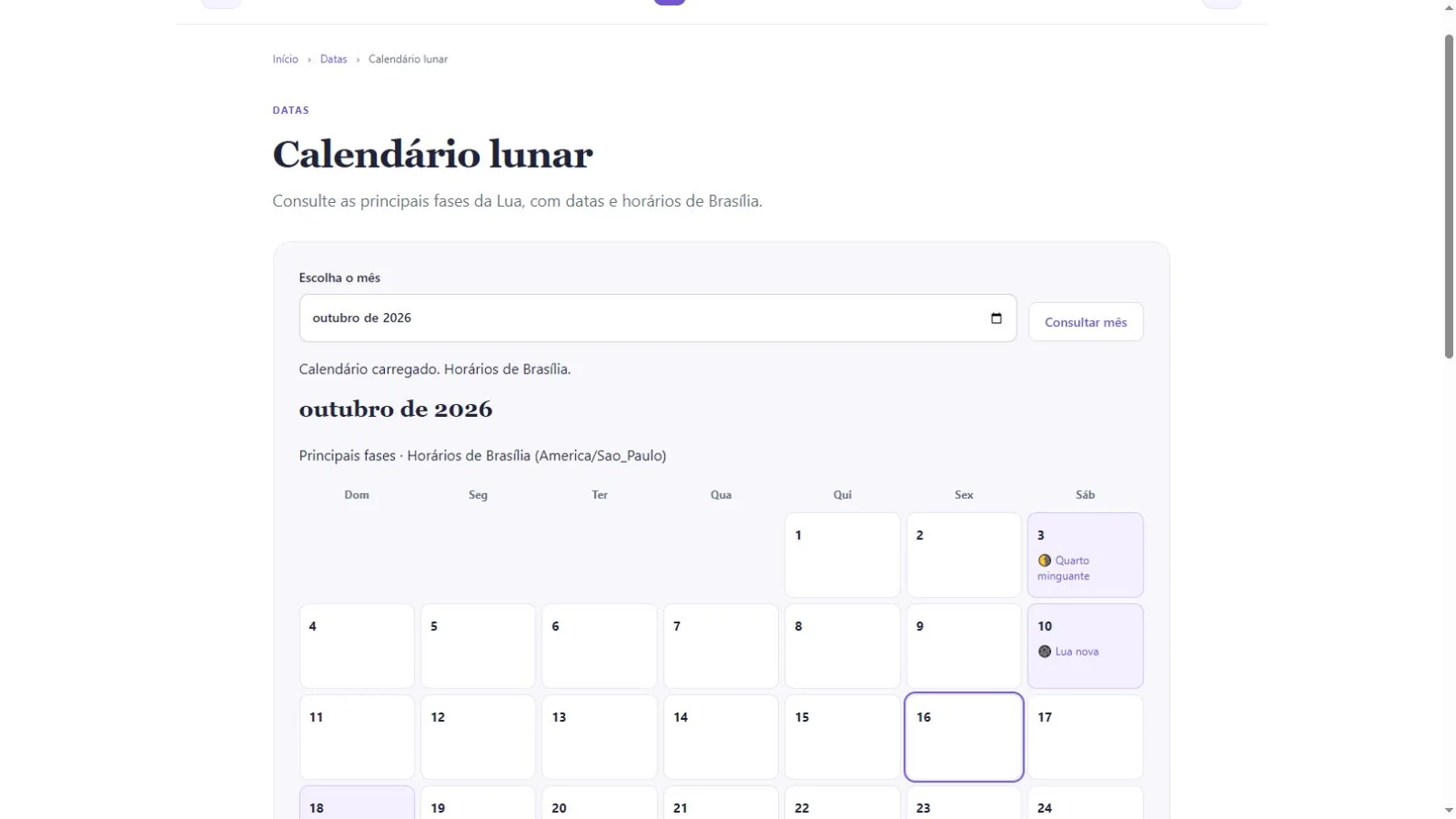 Calendário lunar do Apps RedeVix com consulta de outubro de 2026 e marcações de fases